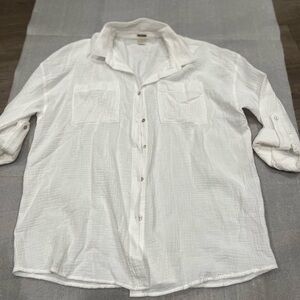 [L]Magaschoni White Organic Cotton Button Shirt Gauze Rolled Sleeve Lagenlook